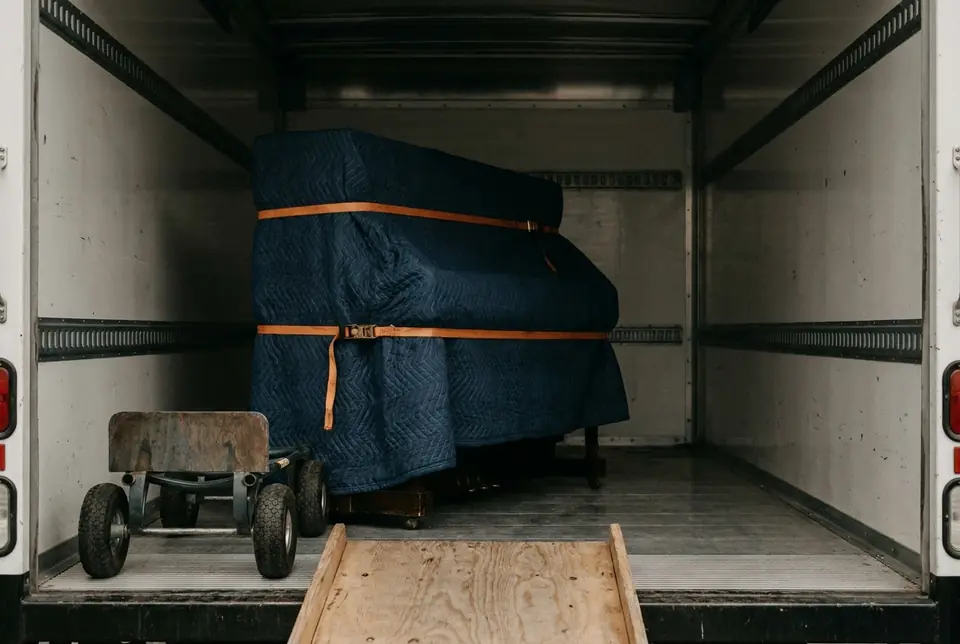 Ilustrație: mobilier voluminos înfoliat și prins cu chingi în camion, cu rampă de urcare